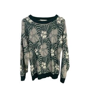 Saturdays vtg 80's women's M grey and teal floral textured knit sweater korea